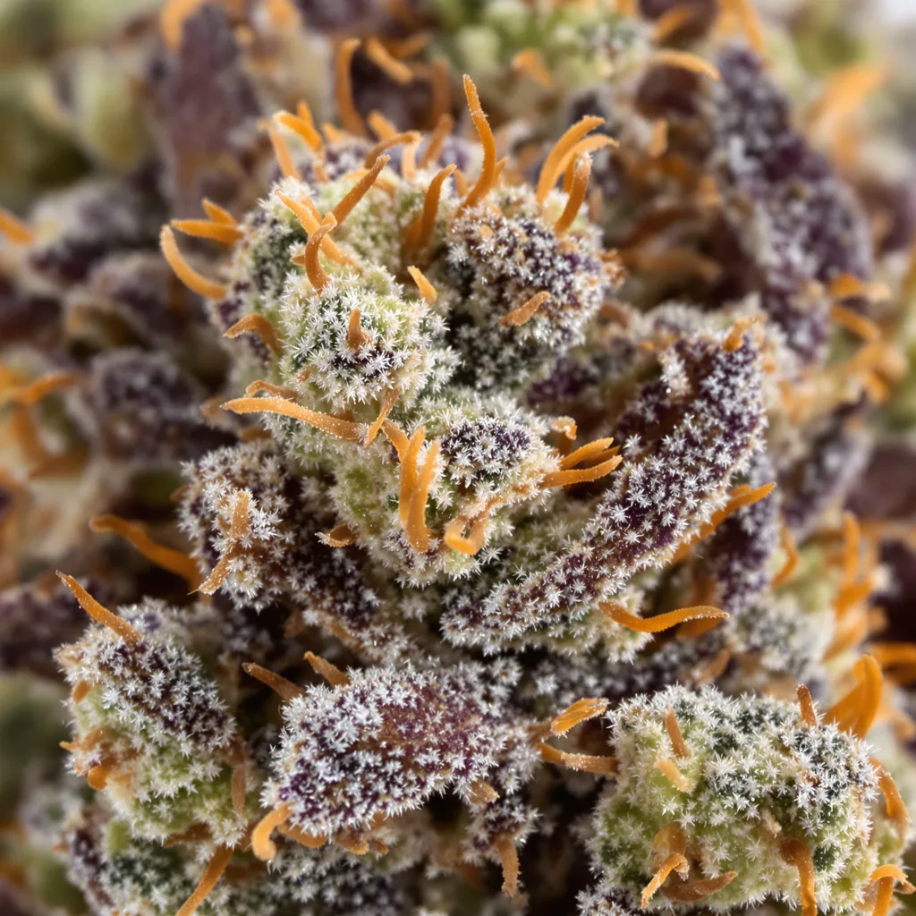 Gros plan de fleur de cannabis El Chapo OG montrant calices denses aux reflets violets