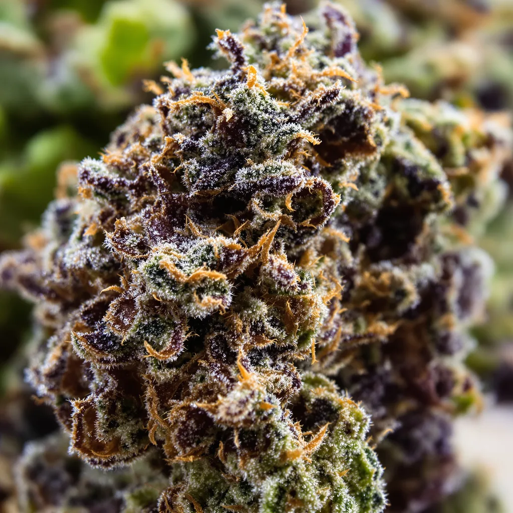 Gros plan de fleur de cannabis El Chapo OG montrant calices denses aux reflets violets