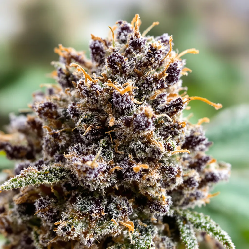 Gros plan de fleur de cannabis El Jefe montrant calices denses aux reflets violets