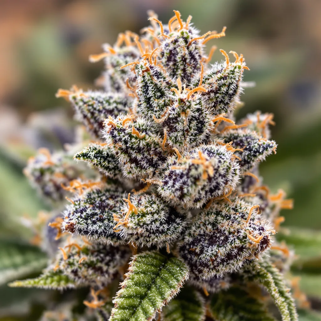 Gros plan de fleur de cannabis Electric Blue montrant calices denses aux reflets violets