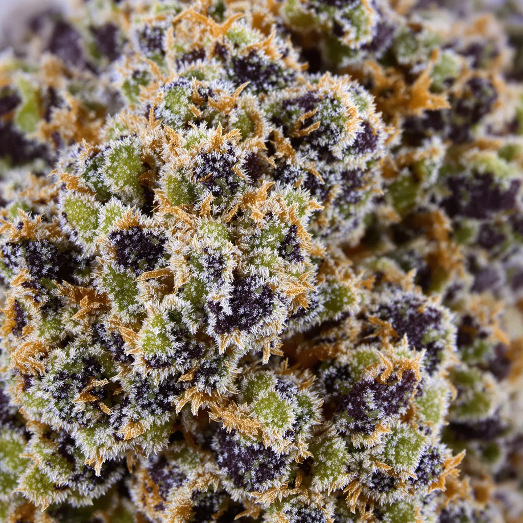 Gros plan de fleur de cannabis Electric Blue montrant calices denses aux reflets violets