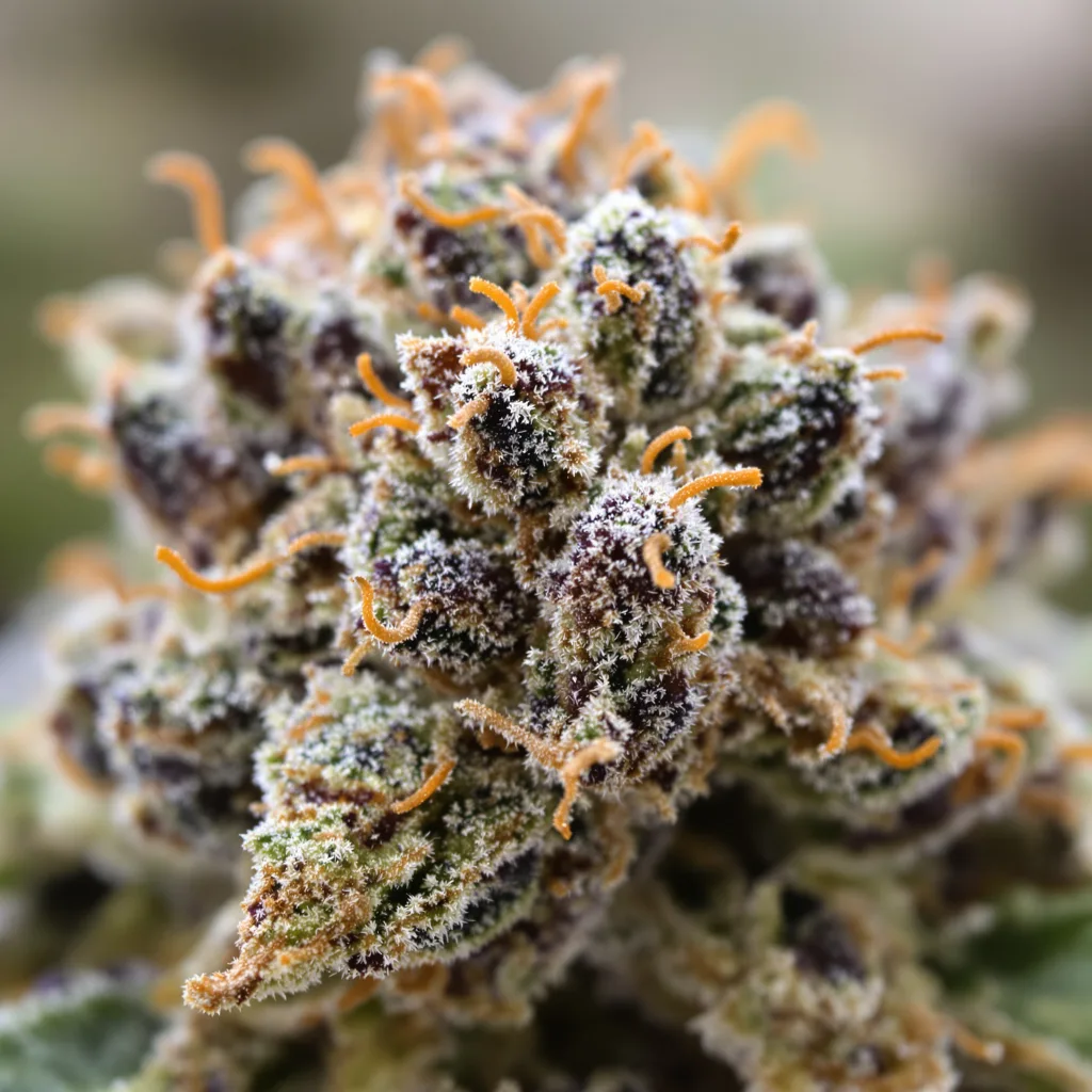Gros plan de fleur de cannabis Endless Sky montrant calices denses aux reflets violets