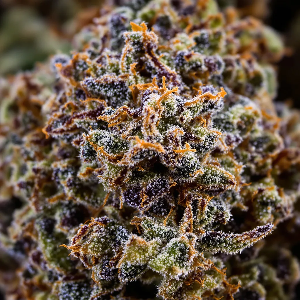 Gros plan de fleur de cannabis Enemy of the State montrant calices denses aux reflets violets