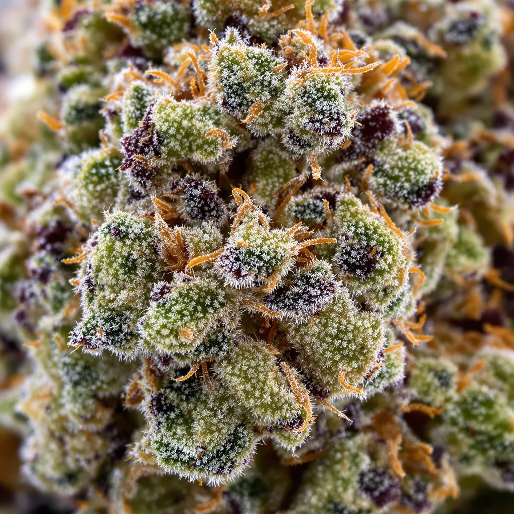Gros plan de fleur de cannabis Envy montrant structure équilibrée avec trichomes givrés