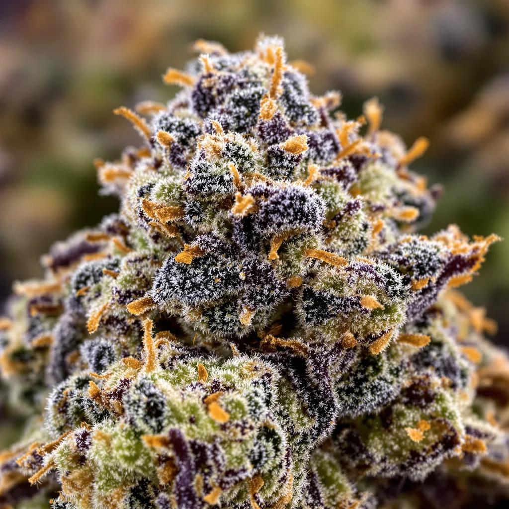 Gros plan de fleur de cannabis Eran Almog montrant calices denses aux reflets violets