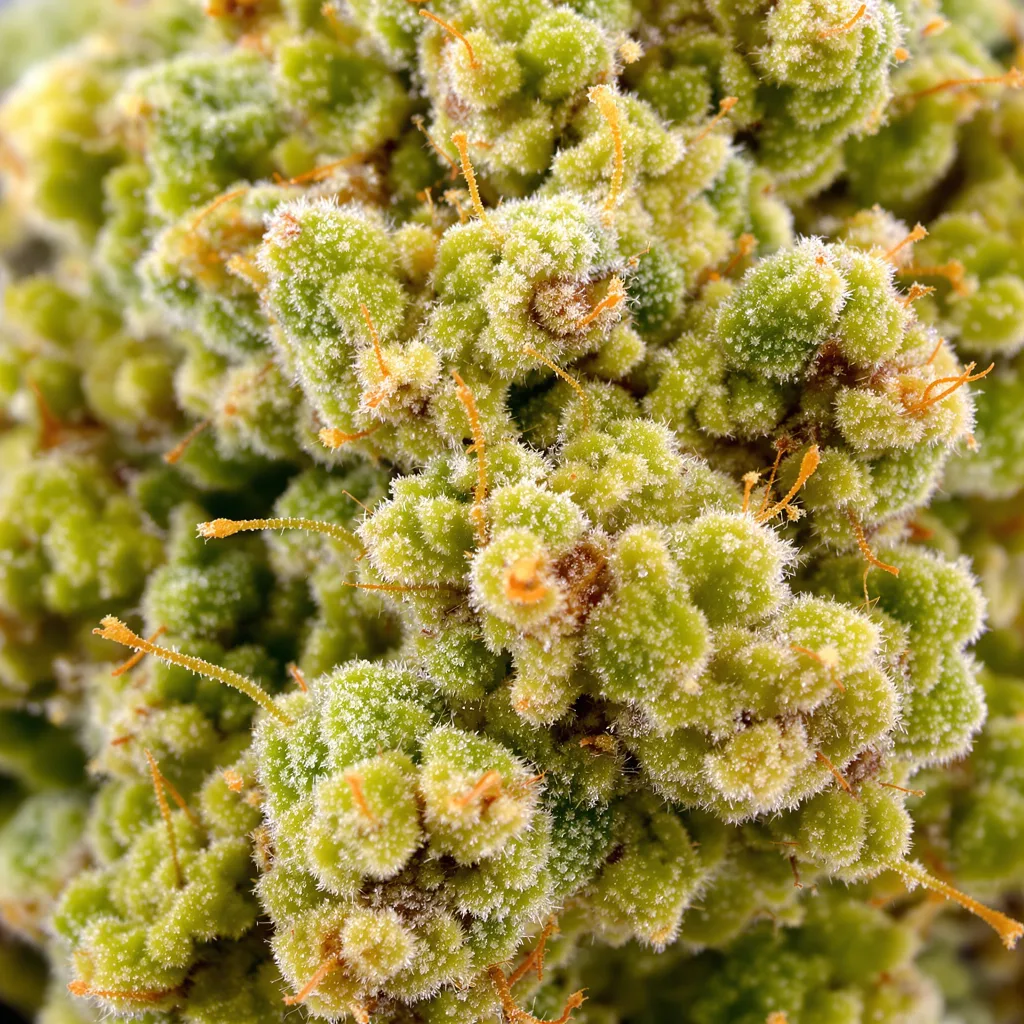 Gros plan de fleur de cannabis Euforia montrant structure aérée vert lime