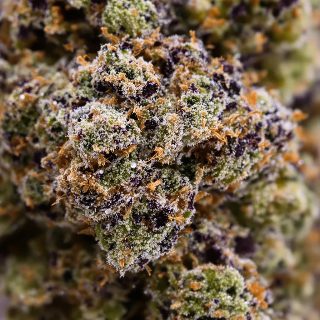 Gros plan de fleur de cannabis Everlast montrant calices denses aux reflets violets