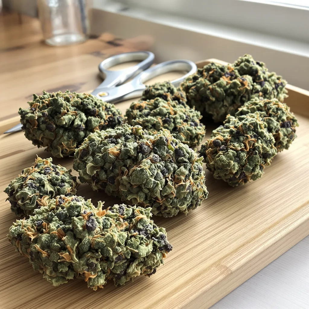 Exodus Cheese 50% indica / 50% sativa — fleur avec trichomes visibles