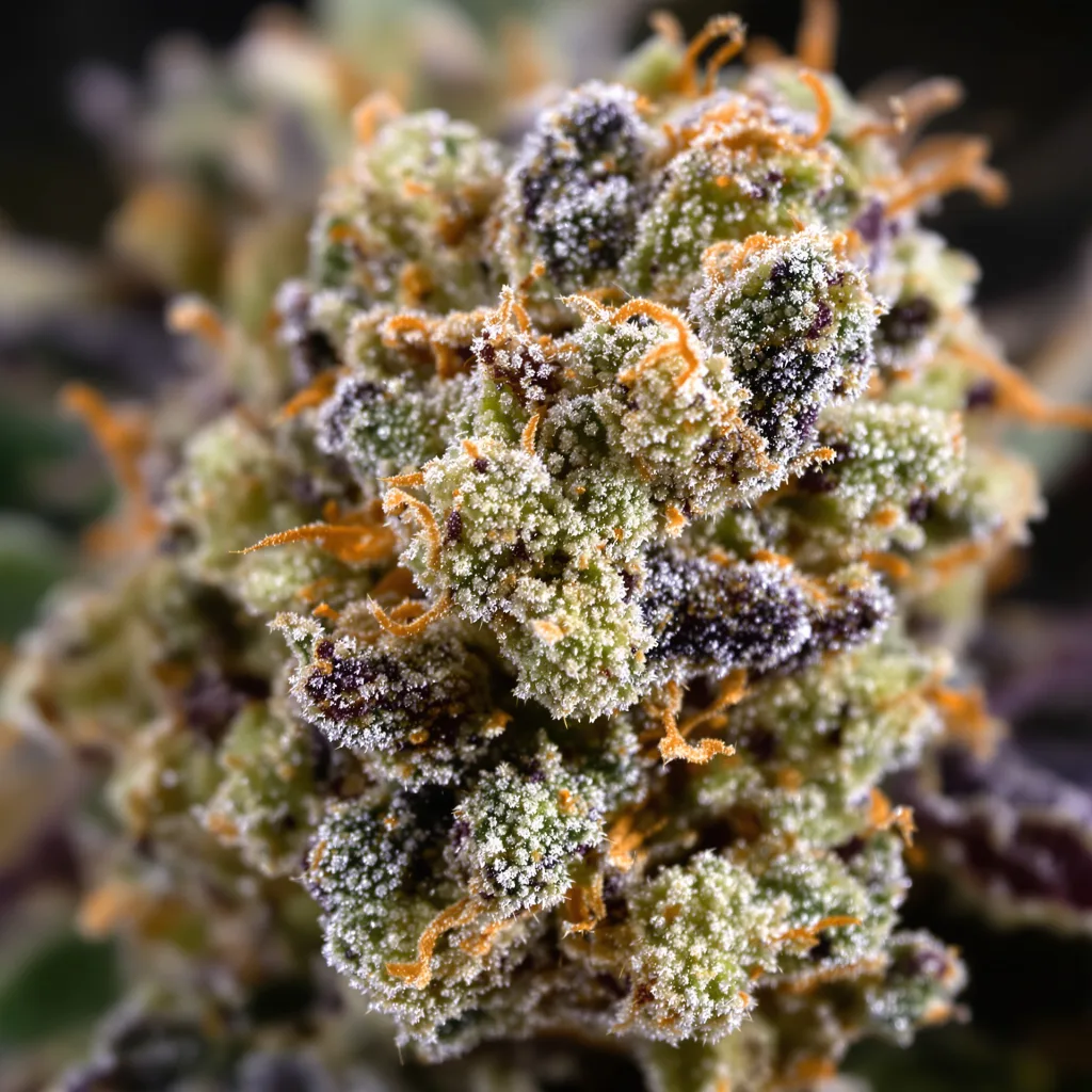 Gros plan de fleur de cannabis Exodus Cheese montrant structure équilibrée avec trichomes givrés