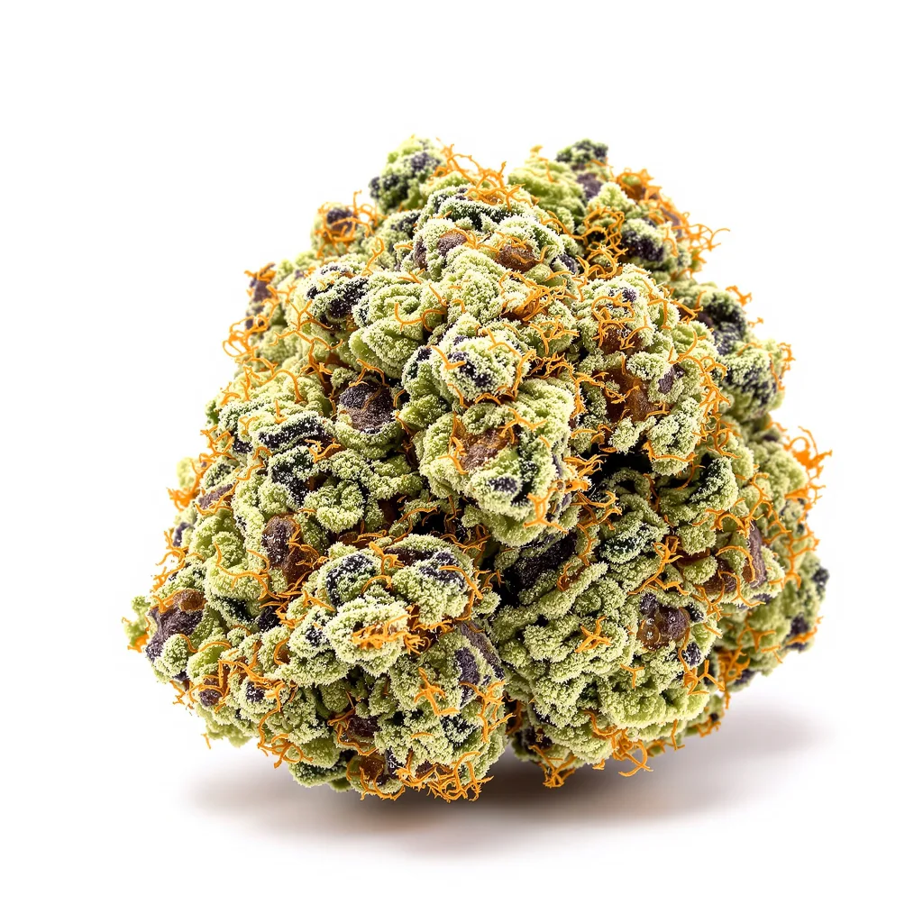 Exodus Cheese 50% indica / 50% sativa — fleur avec trichomes visibles