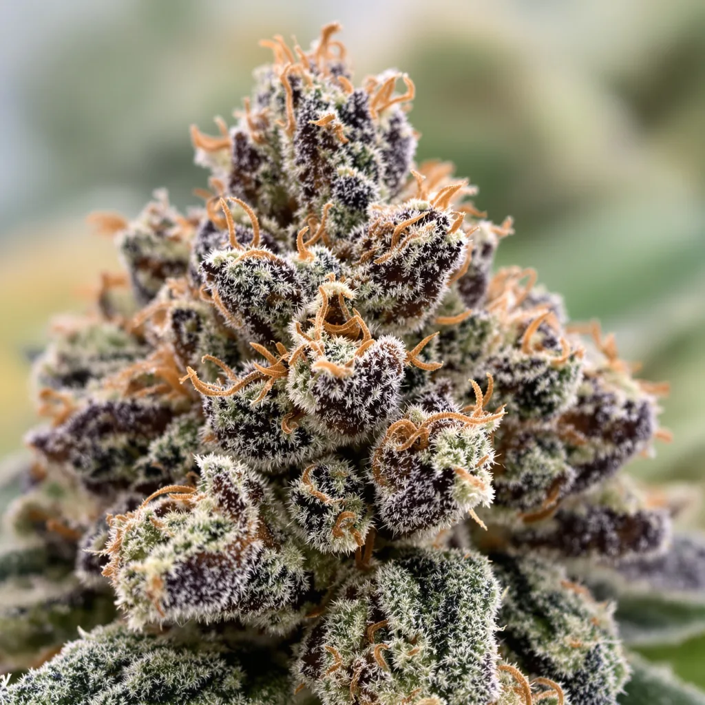 Gros plan de fleur de cannabis Extreme Cream montrant calices denses aux reflets violets
