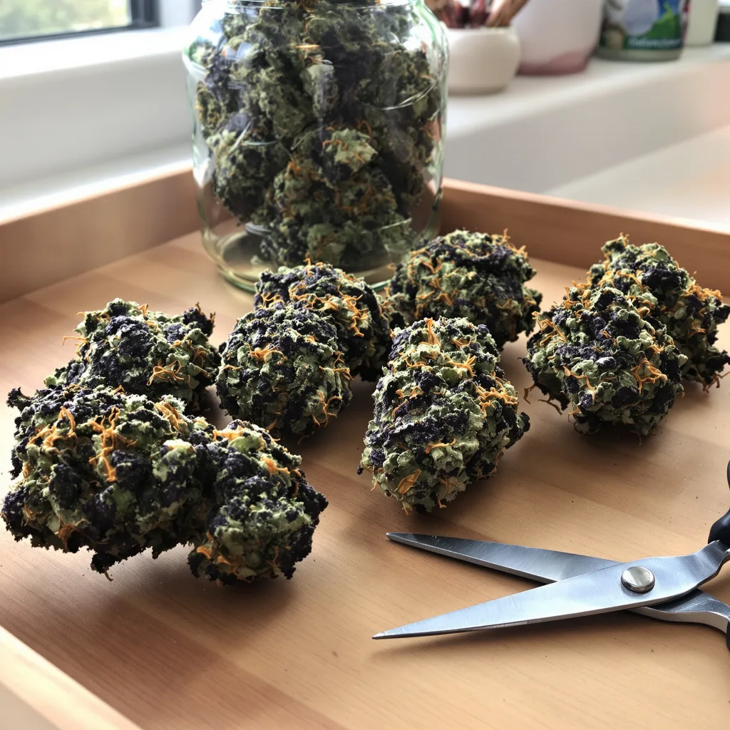 Face Off OG 75% indica / 25% sativa — fleur avec trichomes visibles