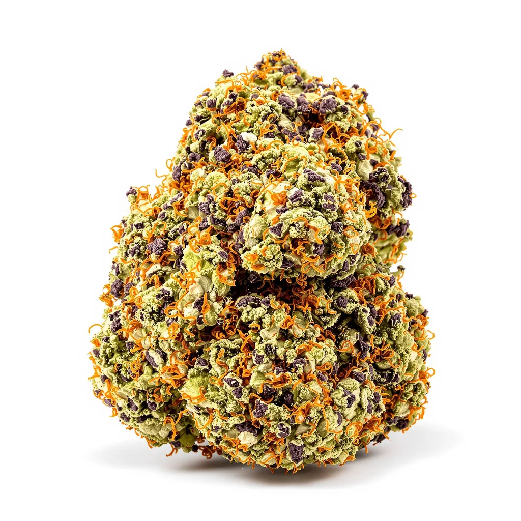 Face Off OG 75% indica / 25% sativa — fleur avec trichomes visibles