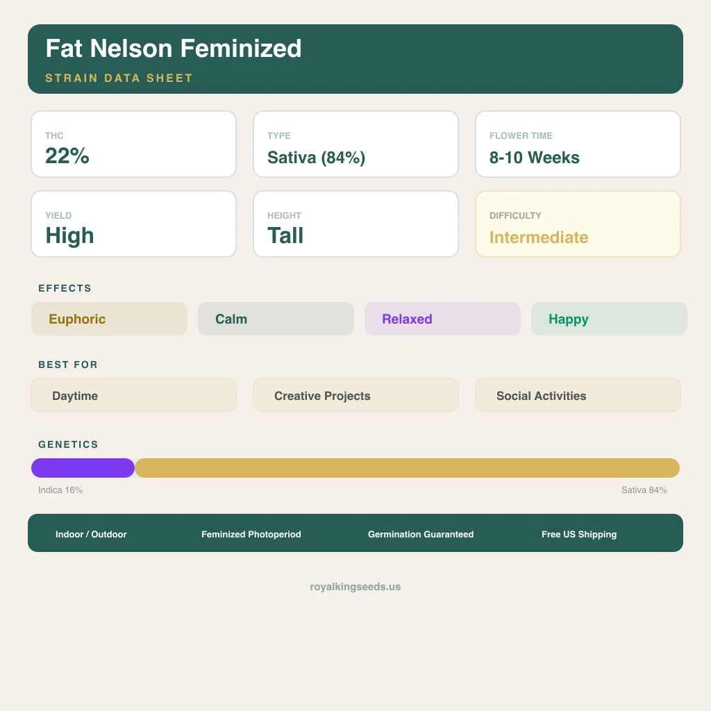 Fat Nelson 16% indica / 84% sativa — fleur avec trichomes visibles