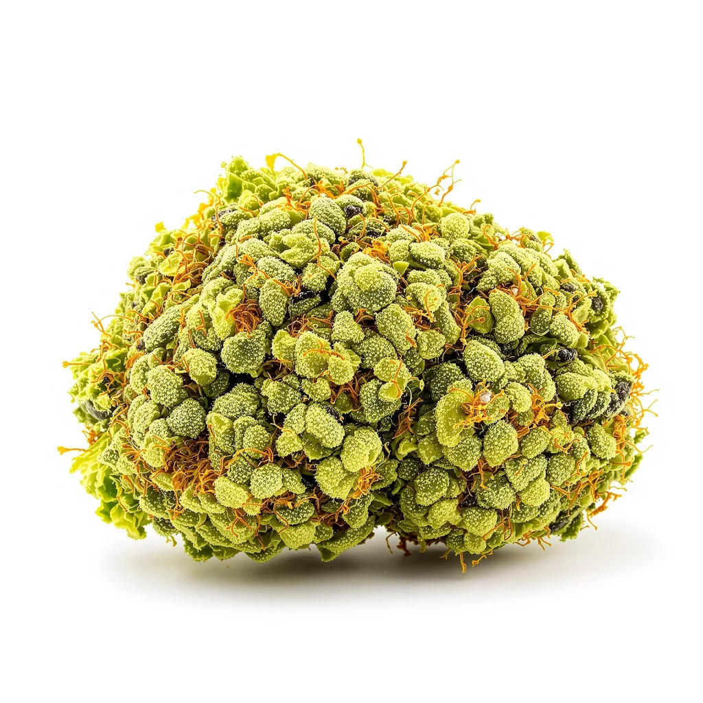 Fat Nelson 16% indica / 84% sativa — fleur avec trichomes visibles