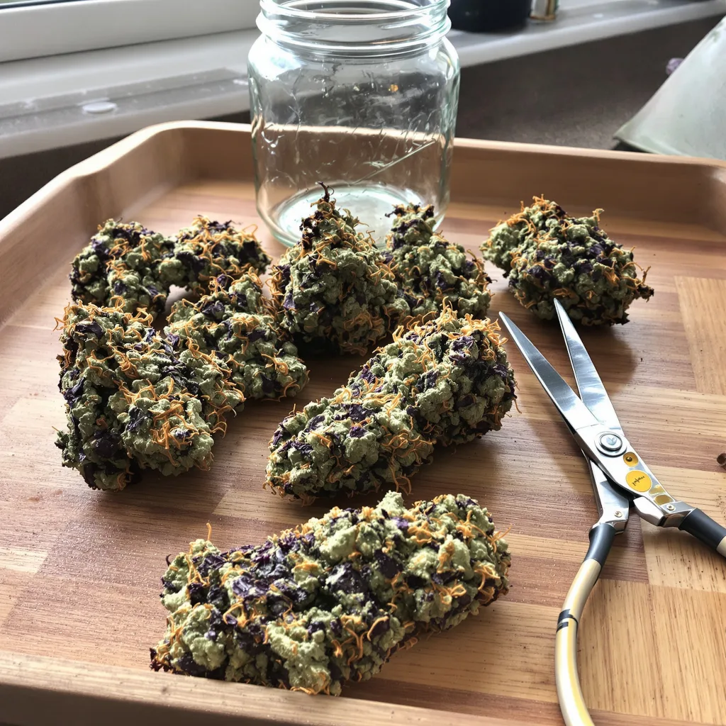 Fat Purple 74% indica / 26% sativa — fleur avec trichomes visibles