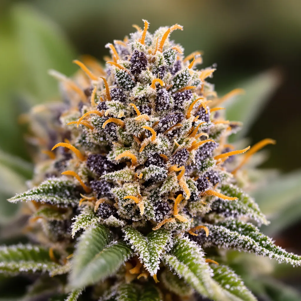Gros plan de fleur de cannabis Fat Purple montrant calices denses aux reflets violets