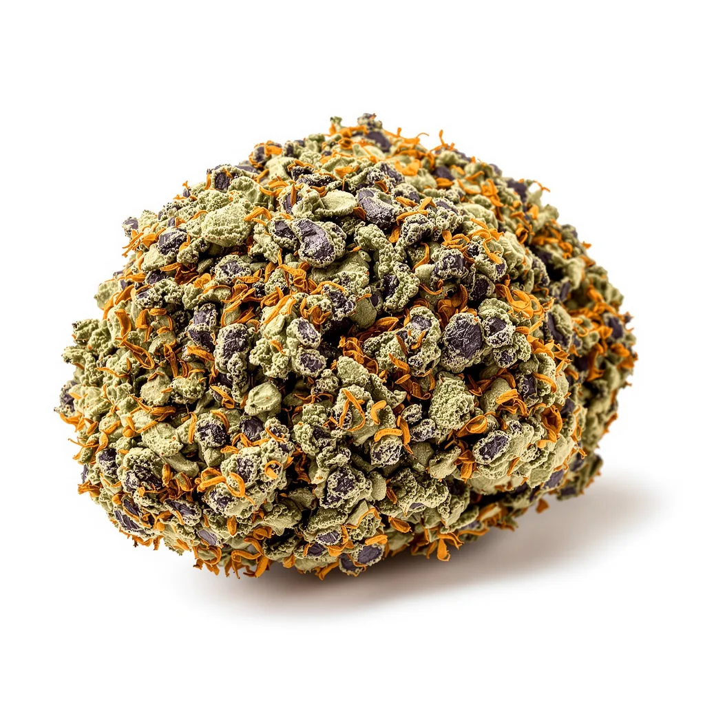 Fat Purple 74% indica / 26% sativa — fleur avec trichomes visibles