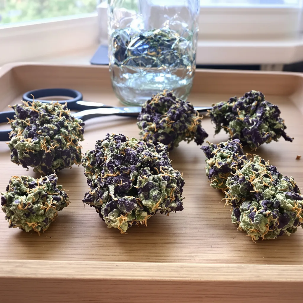 Fat Purple 74% indica / 26% sativa — fleur avec trichomes visibles