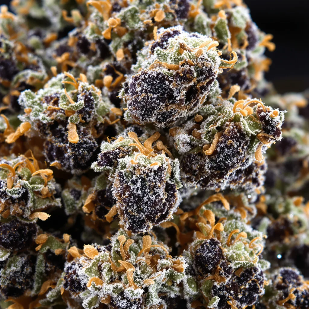 Gros plan de fleur de cannabis Fat Purple montrant calices denses aux reflets violets