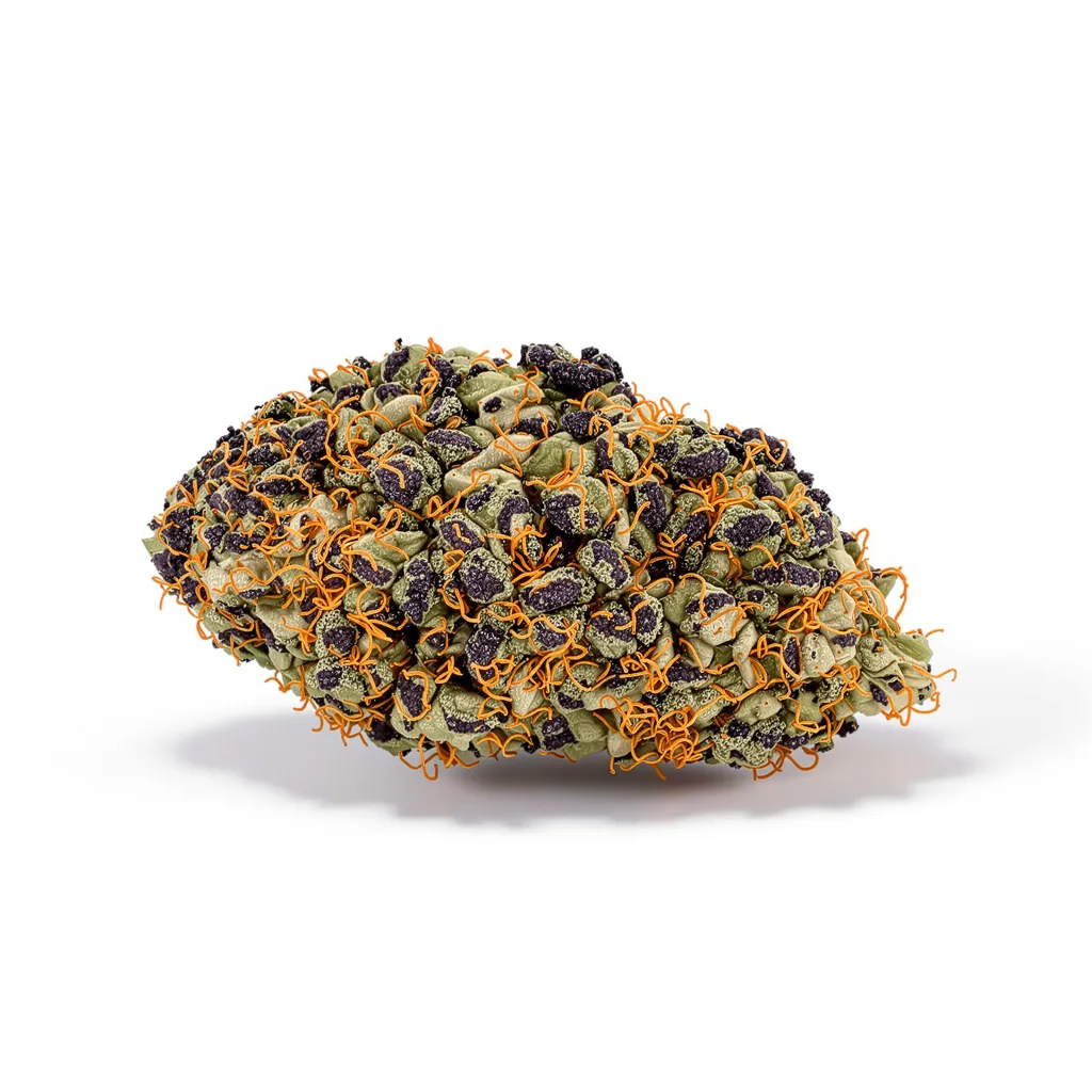 Fat Purple 74% indica / 26% sativa — fleur avec trichomes visibles
