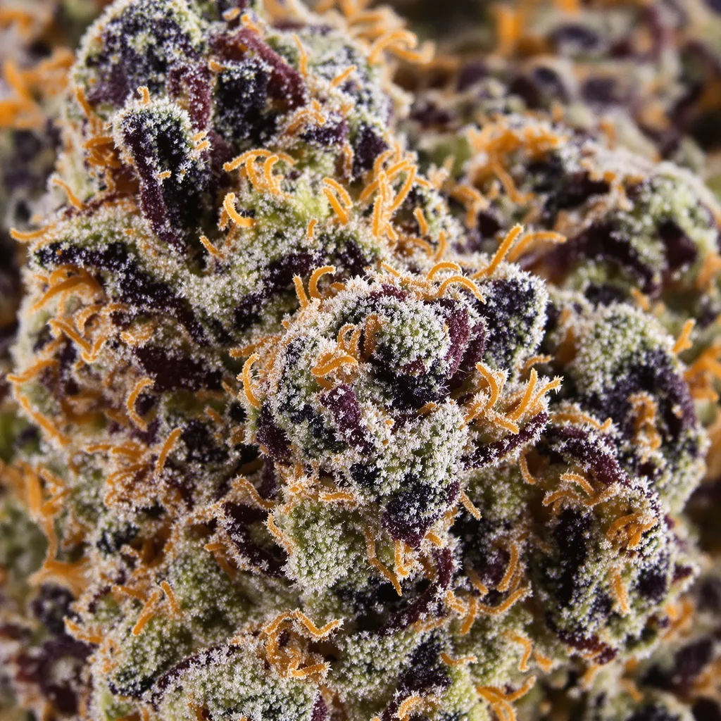 Gros plan de fleur de cannabis Fire OG montrant calices denses aux reflets violets