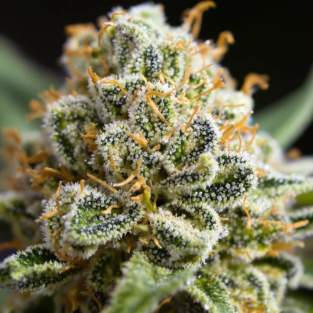 Gros plan de fleur de cannabis Flo montrant structure aérée vert lime