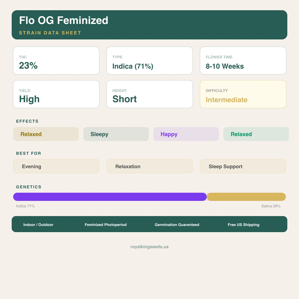 Flo OG 71% indica / 29% sativa — fleur avec trichomes visibles