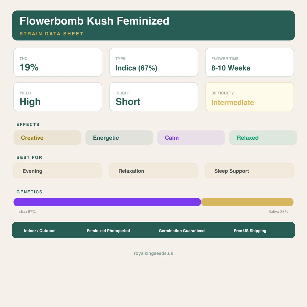 Flowerbomb Kush 67% indica / 33% sativa — fleur avec trichomes visibles