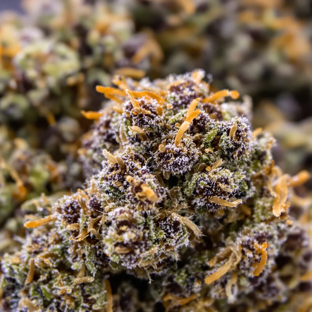 Gros plan de fleur de cannabis Flowerbomb Kush montrant calices denses aux reflets violets