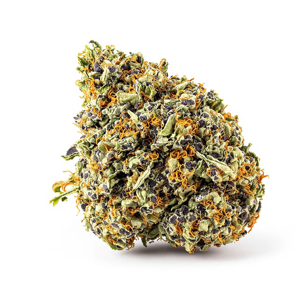 Flowerbomb Kush 67% indica / 33% sativa — fleur avec trichomes visibles