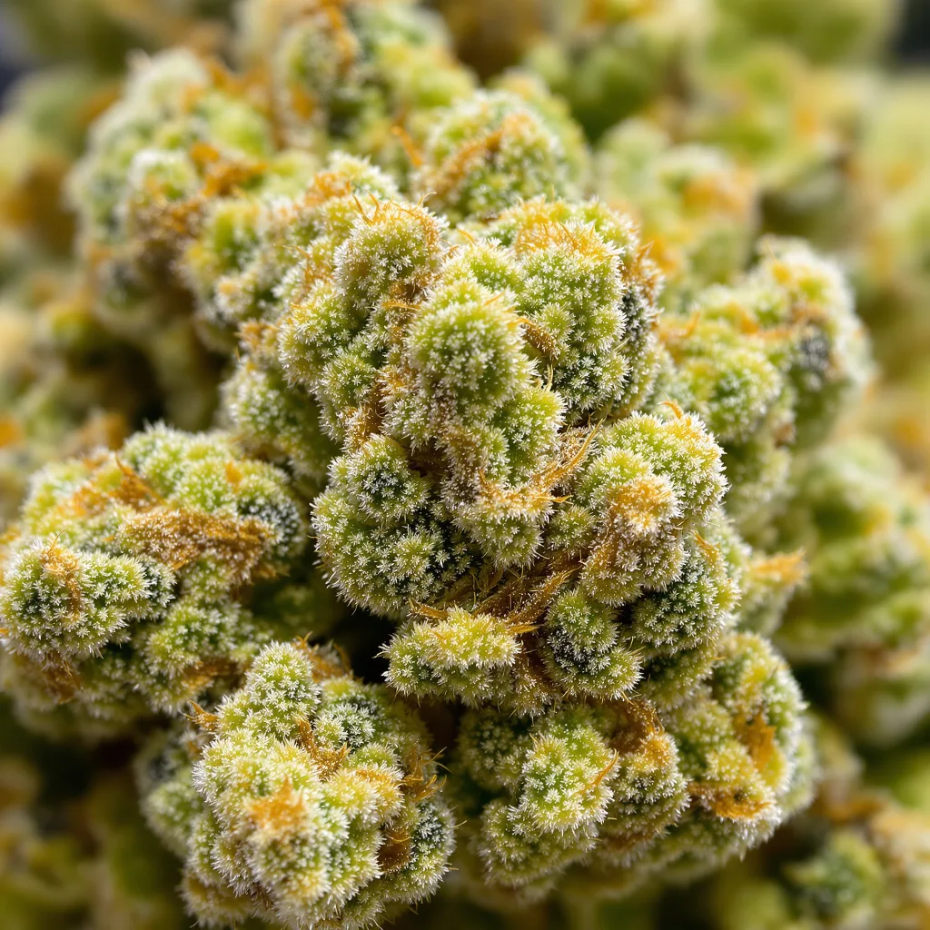 Gros plan de fleur de cannabis Flying Princess montrant structure aérée vert lime