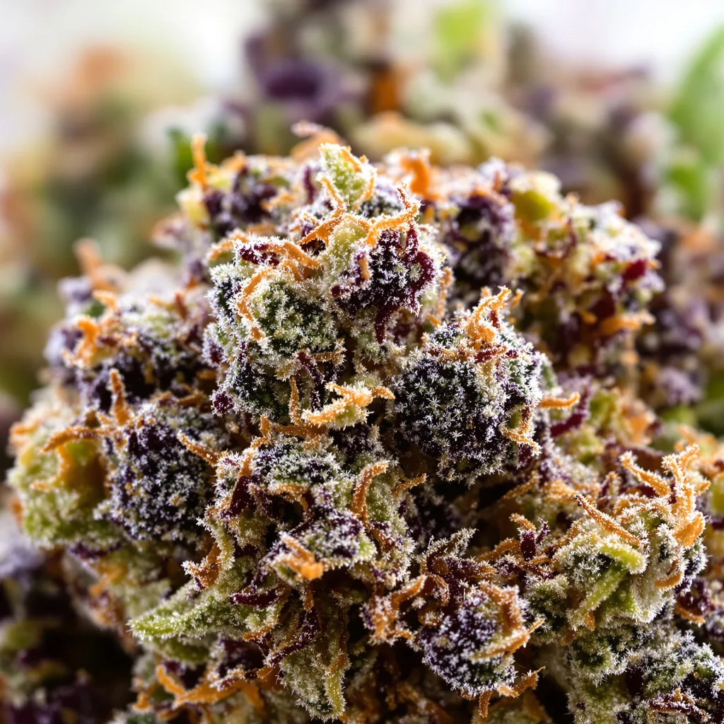 Gros plan de fleur de cannabis Forbidden Fruit montrant calices denses aux reflets violets