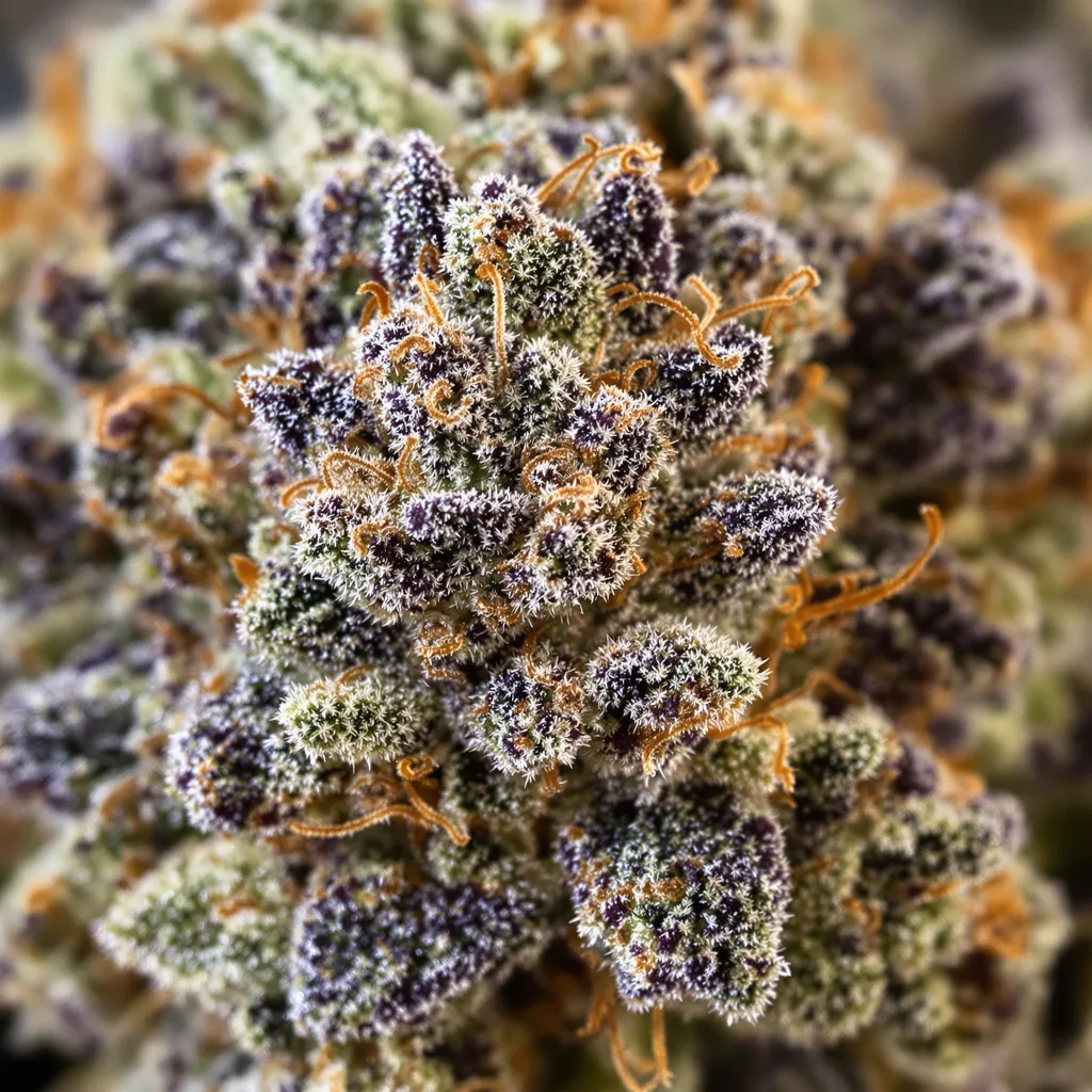 Gros plan de fleur de cannabis FPOG montrant calices denses aux reflets violets