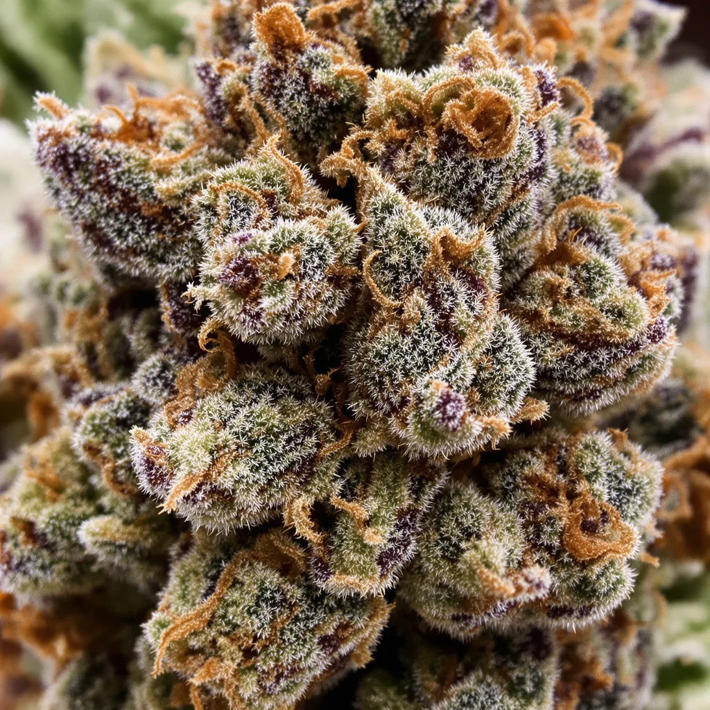 Gros plan de fleur de cannabis FPOG montrant calices denses aux reflets violets