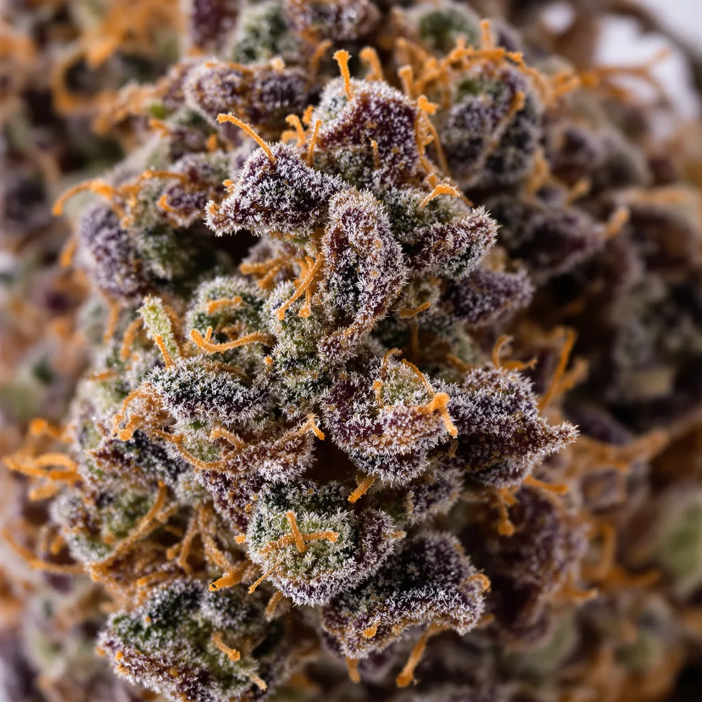 Gros plan de fleur de cannabis Freezeland montrant calices denses aux reflets violets