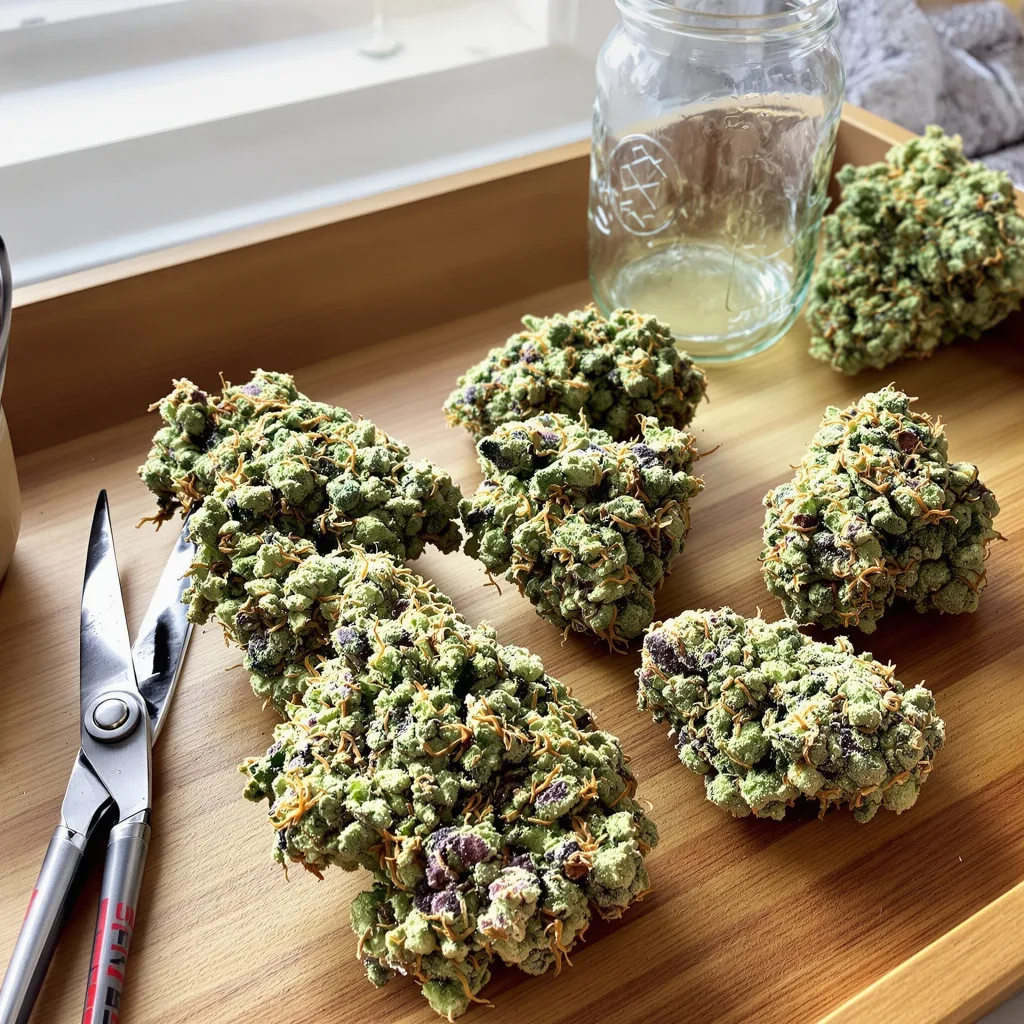 French Cookies 59% indica / 41% sativa — fleur avec trichomes visibles