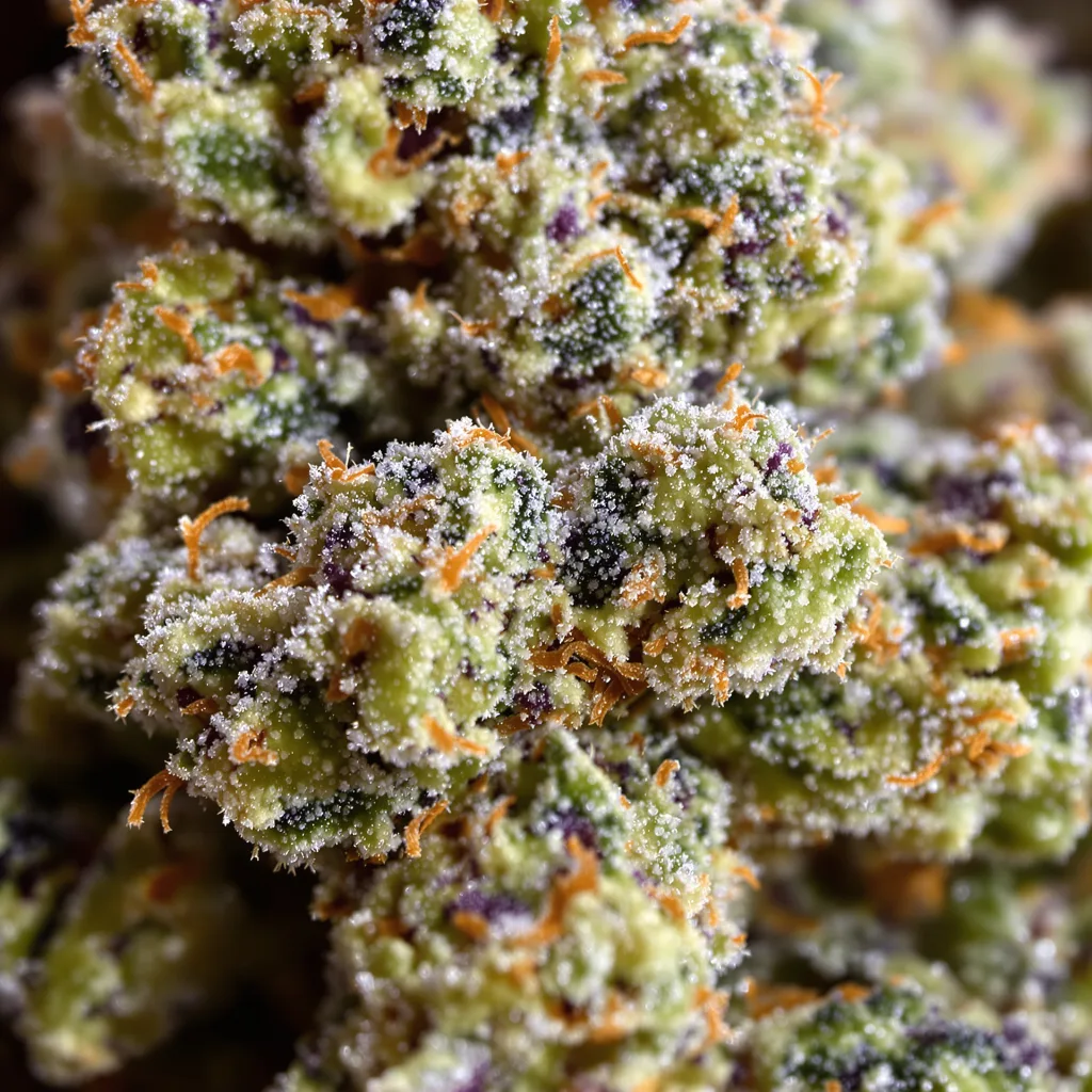 Gros plan de fleur de cannabis French Cookies montrant structure équilibrée avec trichomes givrés