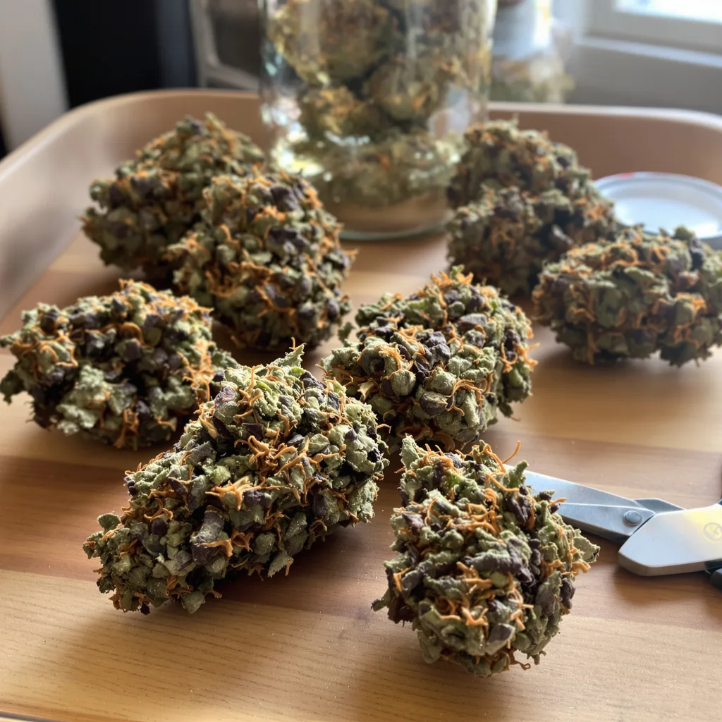 Fresh Cookies 73% indica / 27% sativa — fleur avec trichomes visibles