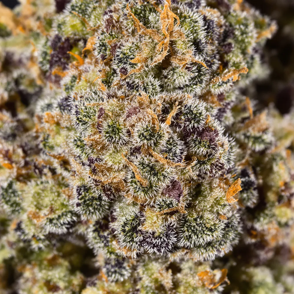Gros plan de fleur de cannabis Fresh Cookies montrant calices denses aux reflets violets