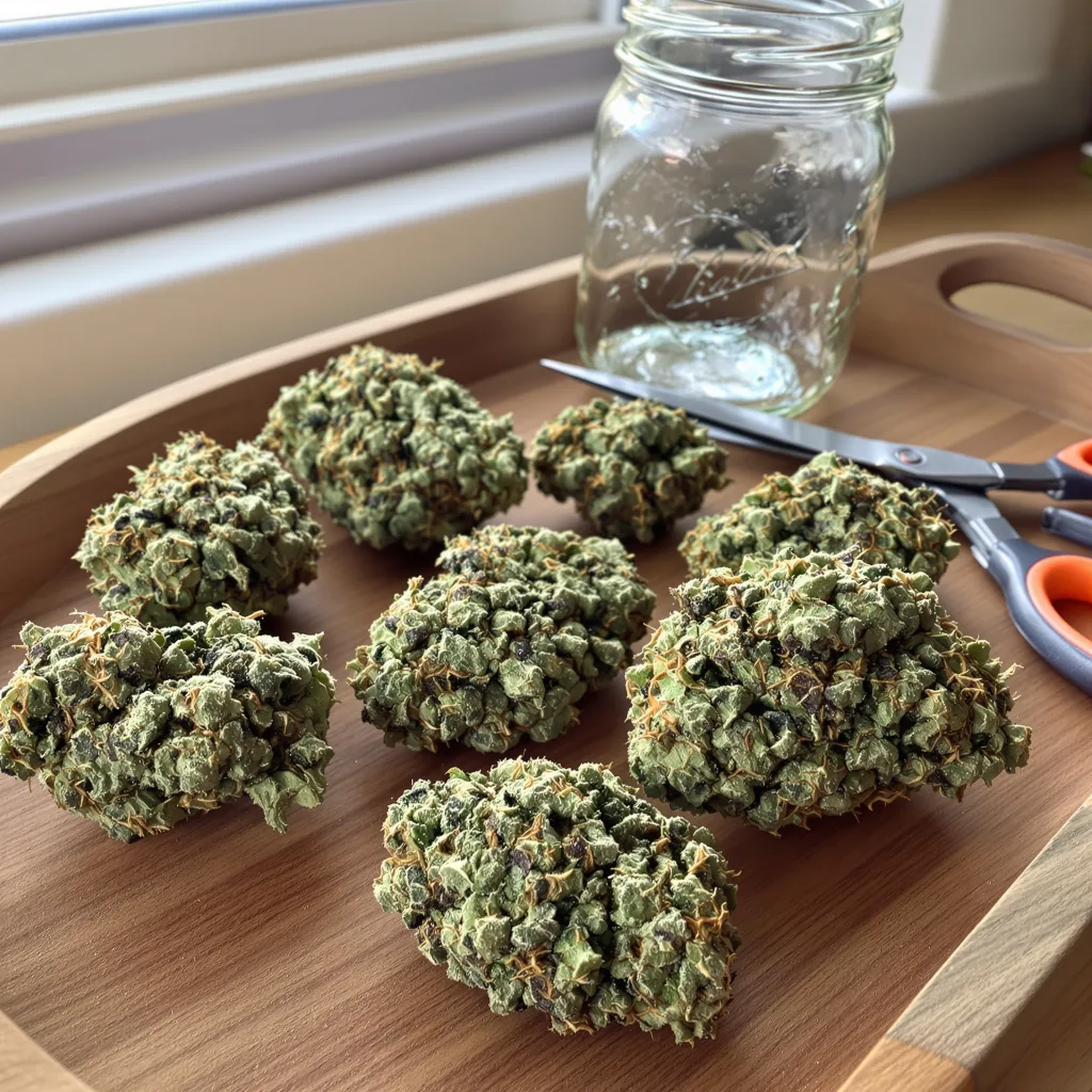 Fresh Powder 43% indica / 57% sativa — fleur avec trichomes visibles