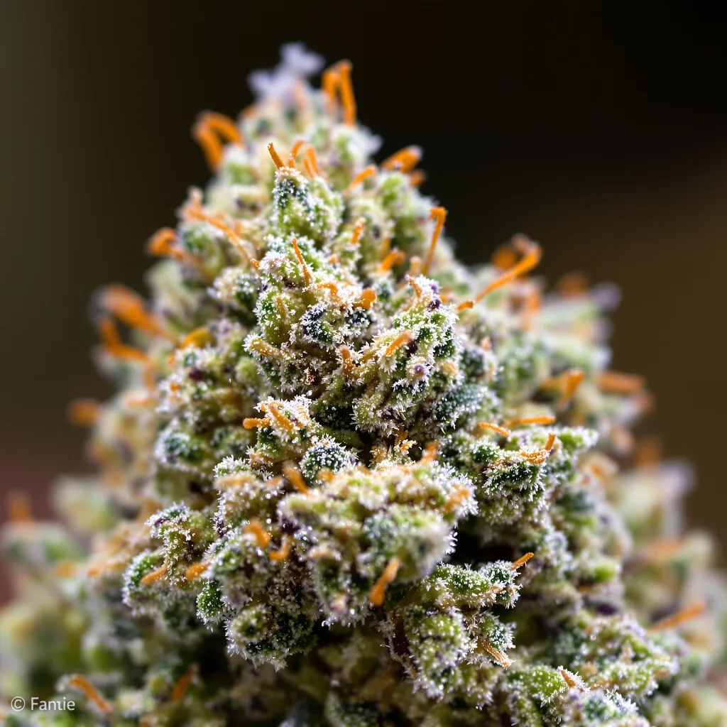 Gros plan de fleur de cannabis Fresh Powder montrant structure équilibrée avec trichomes givrés