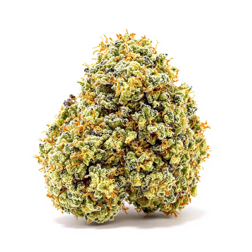 Fresh Powder 43% indica / 57% sativa — fleur avec trichomes visibles