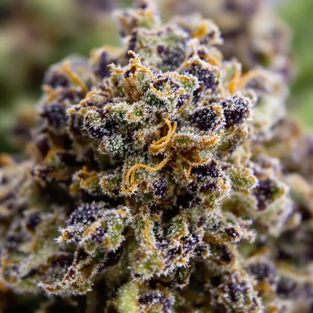 Gros plan de fleur de cannabis Frida montrant calices denses aux reflets violets