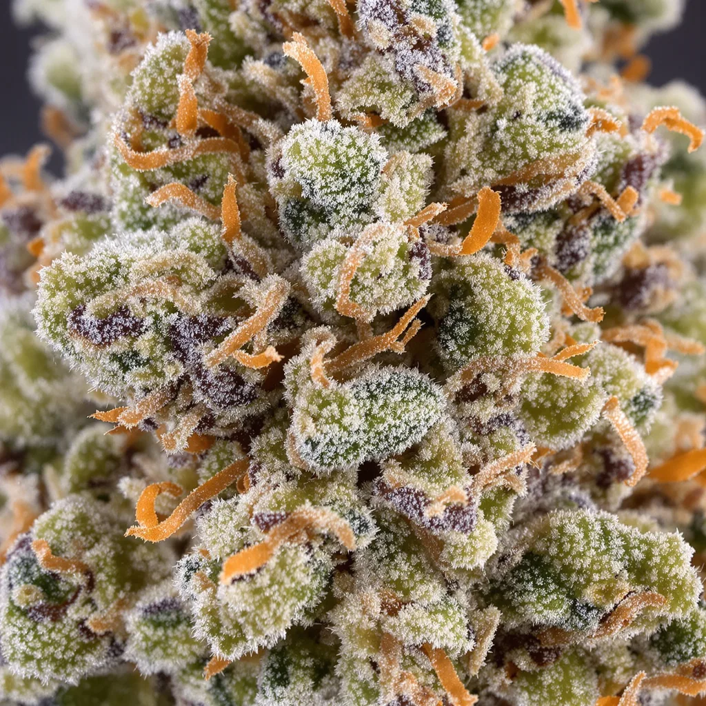 Gros plan de fleur de cannabis Frosty montrant structure équilibrée avec trichomes givrés