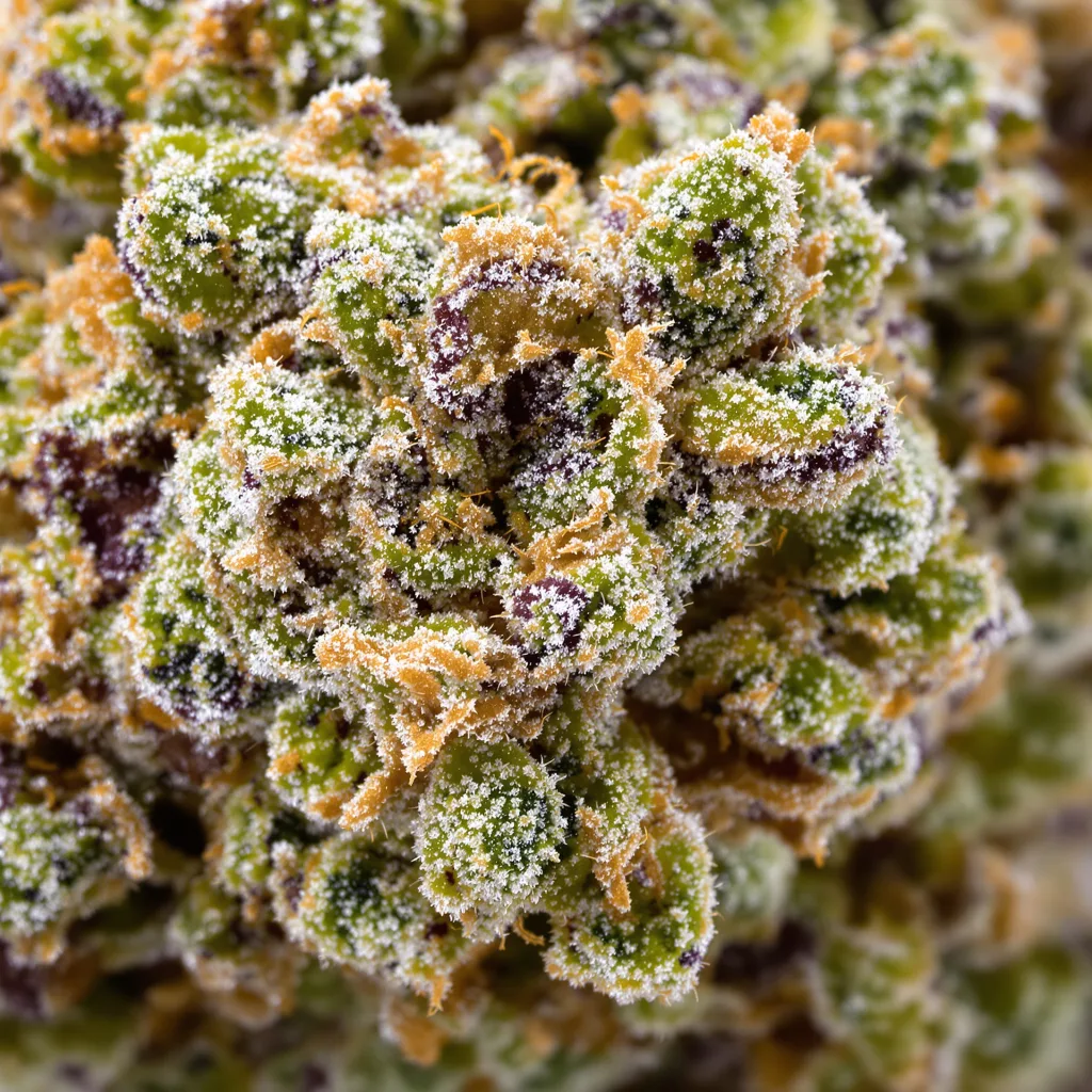 Gros plan de fleur de cannabis Fruity Pebbles montrant structure équilibrée avec trichomes givrés