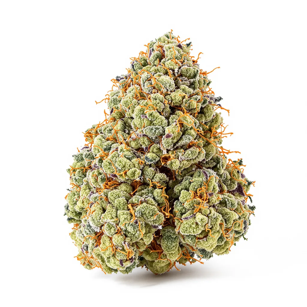 Fruity Pebbles 50% indica / 50% sativa — fleur avec trichomes visibles