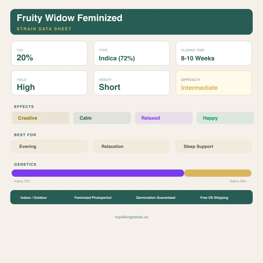 Fruity Widow 72% indica / 28% sativa — fleur avec trichomes visibles