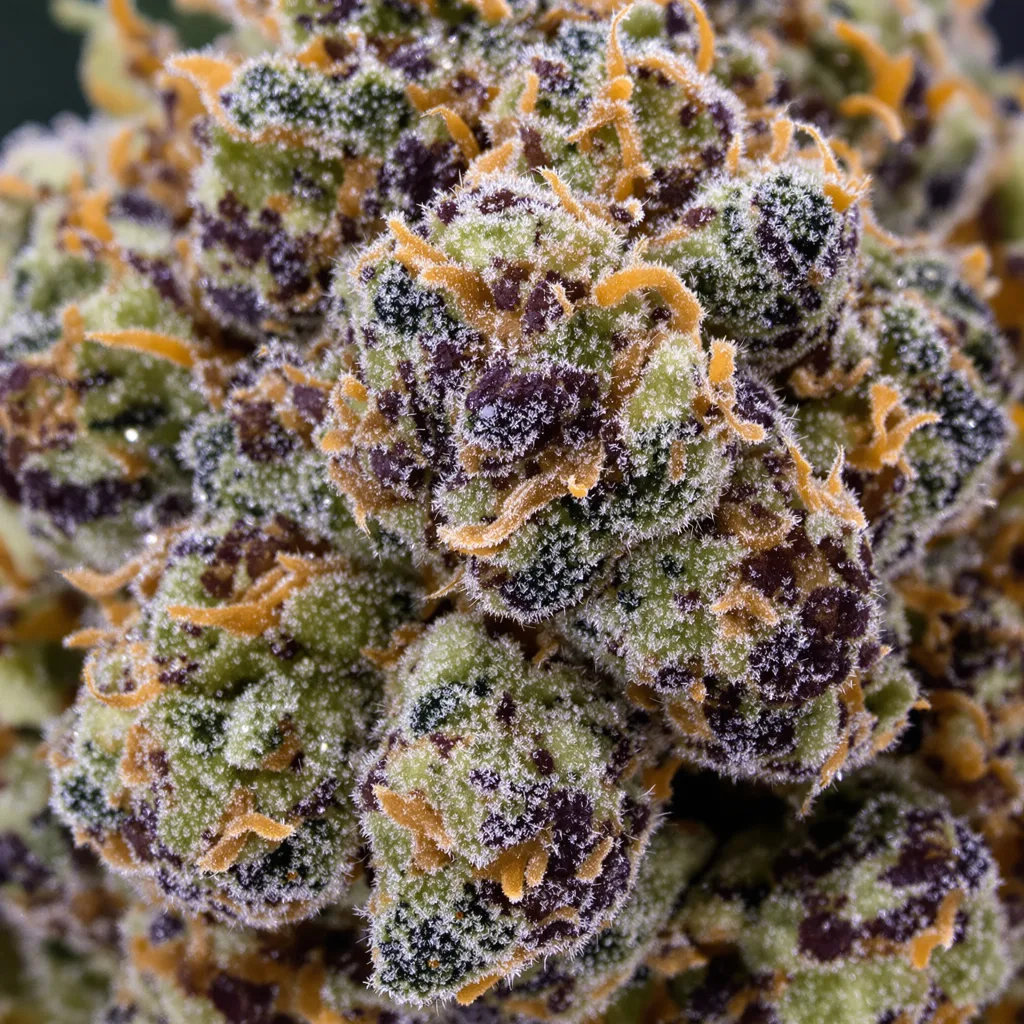 Gros plan de fleur de cannabis Fruity Widow montrant calices denses aux reflets violets