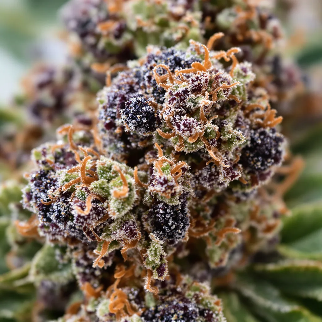 Gros plan de fleur de cannabis Fruitylicious montrant calices denses aux reflets violets
